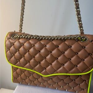 Rebecca Minkoff Studded Leather Bag in Camel/Tan with fun neon trim